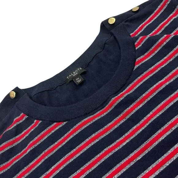 Talbots Woman Metallic stripe Sweater size 2X Gold tone shoulder Buttons NWOT - Picture 3 of 5